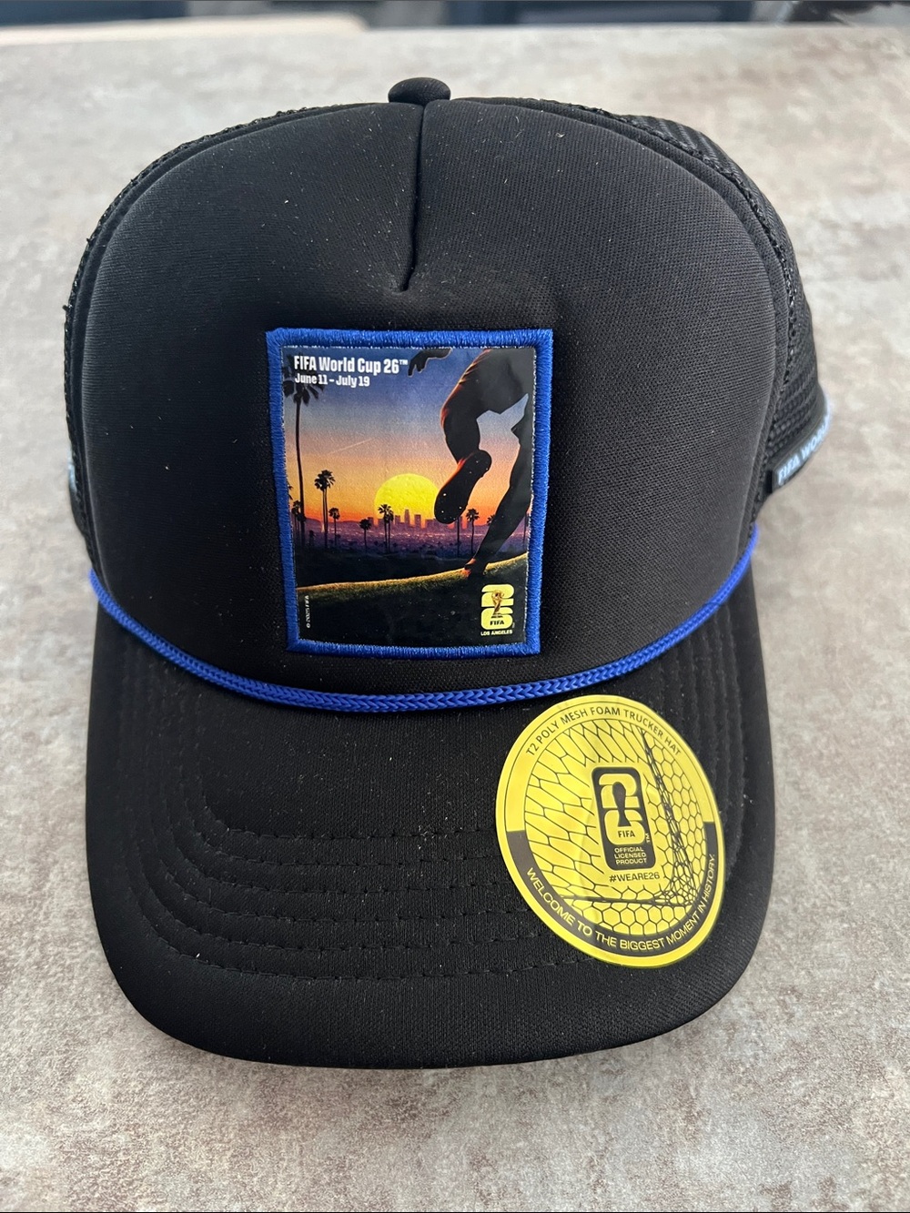 Official Fifa 2026 Black Trucker Hat with Blue Trim and LA Sunset Patch